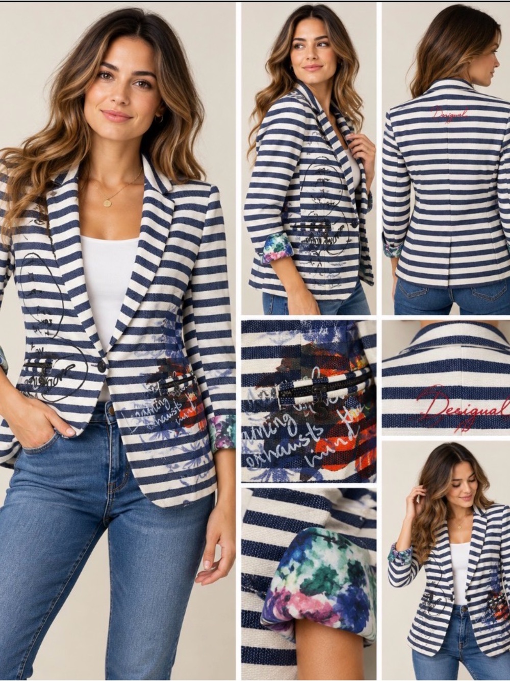 Desigual Devin Striped Graffiti Art Blazer Navy White Size 36 XS